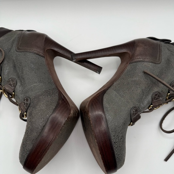 Tory Burch Lawson Bootie Pewter Brown Leather Platform Stiletto Ankle Boots 8.5 - Picture 13 of 17